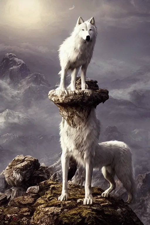 Image similar to white magic wolf on top of a mountain, elden ring, by greg rutkowski and zdizslaw beksinski, trending on artstation, octane render