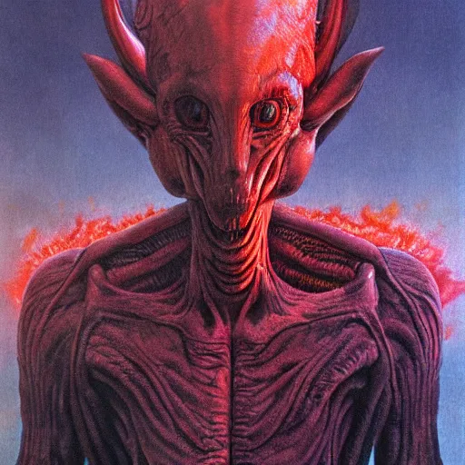 Image similar to realistic alien with horns. red eyes, human eyes, background flames, by wayne barlowe