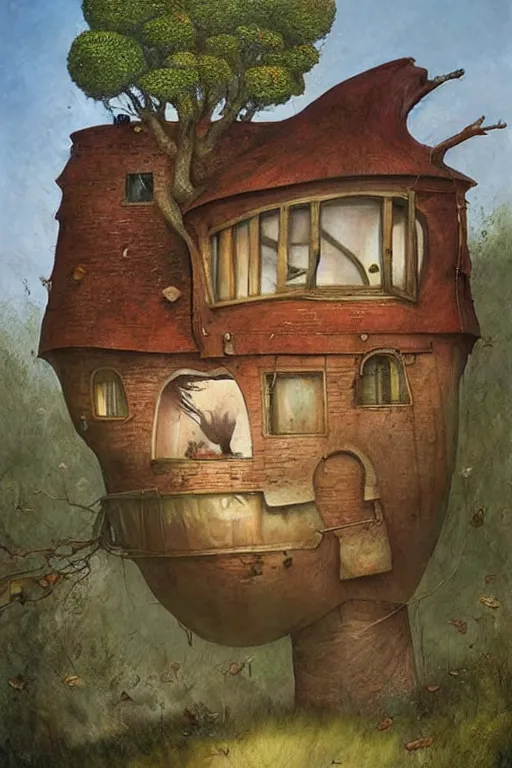 Prompt: Human head shaped house by Esao Andrews