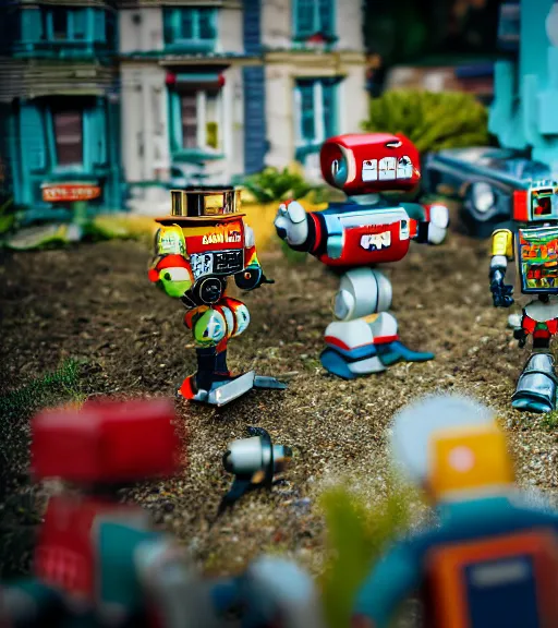 Image similar to high quality presentation photo of a a detailed miniature diorama of retro toy robots invading a detailed model of a 1950s town, photography 4k, f1.8 anamorphic, bokeh, 4k, Canon, Nikon