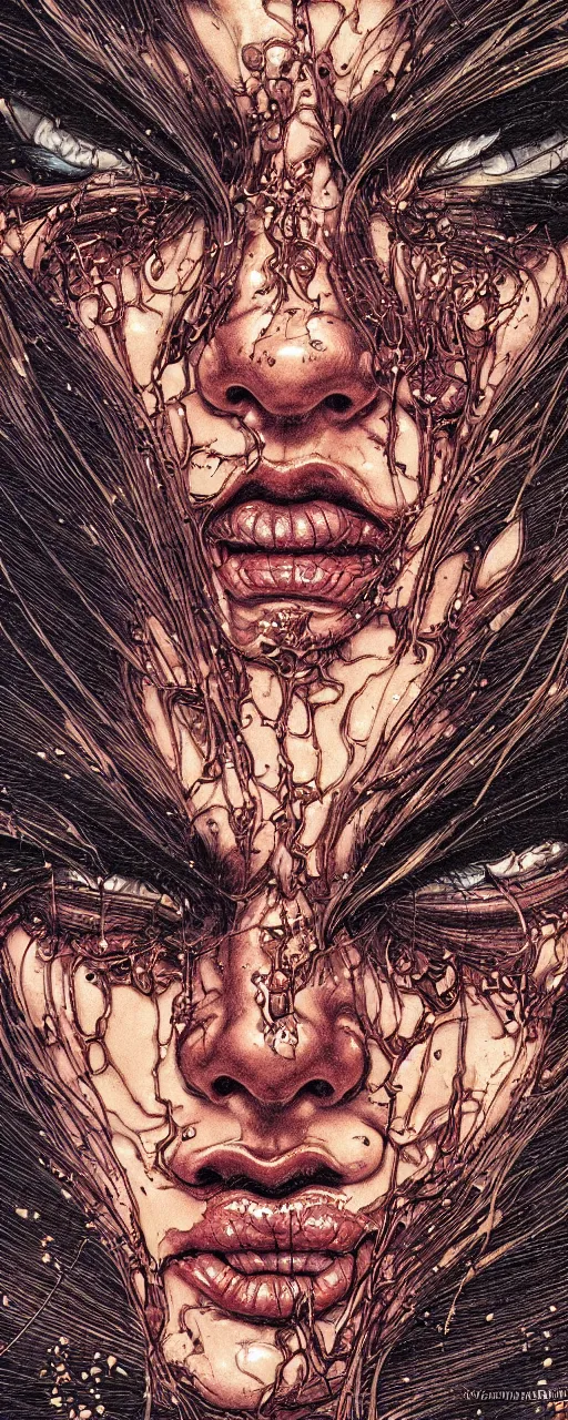 Image similar to closeup of face melting in agony, inside a frame on a tiled wall, frontal picture, by yoichi hatakenaka, masamune shirow, josan gonzales and dan mumford, ayami kojima, takato yamamoto, karol bak