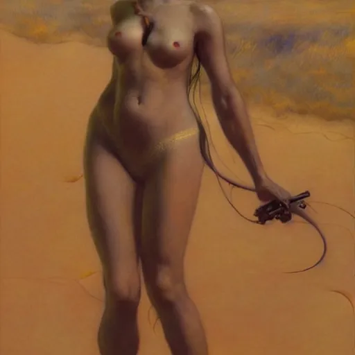 Image similar to masterpiece full body portrait of a beautiful Fremen woman with a perfect body on Dune, by Edgar Maxence and Ross Tran and Michael Whelan and Gustav Klimpt