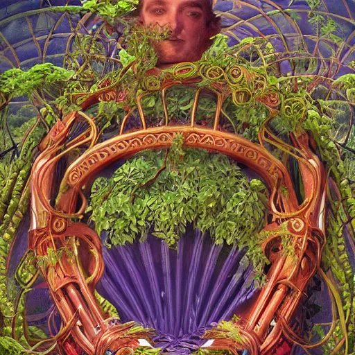 Prompt: A colorful, detailed print - A portrait of a mechanical arm, composed of plants and vines, reaching into a pile of rotting fruit. by Arnold Bocklin and Barclay Shaw, masterful print. 4k, unreal engine stunning Art Nouveau