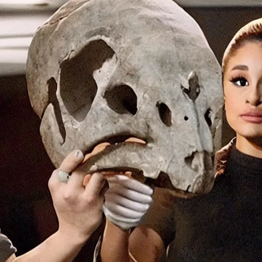 Image similar to ariana grande holding an ancient dinosaur skull in the movie interstellar