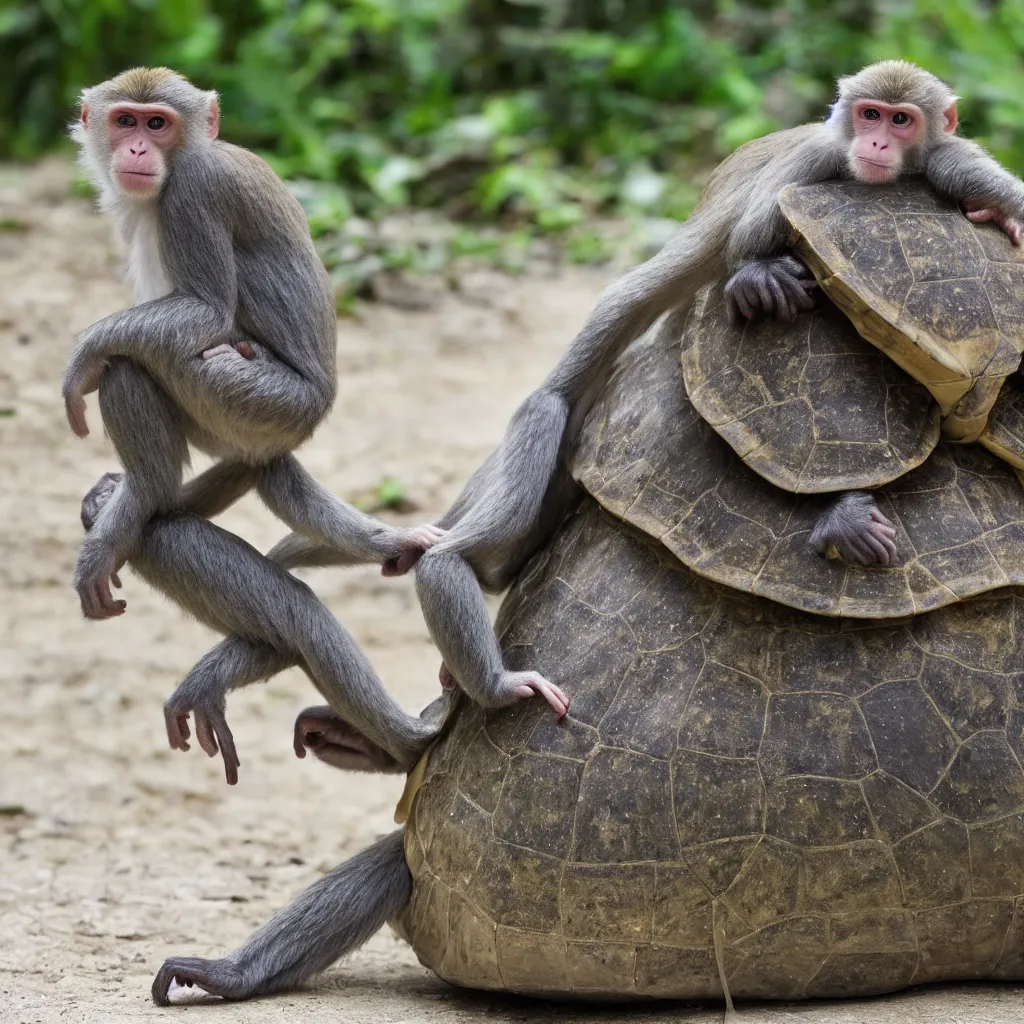 Image similar to a monkey sitting on the back of a turtle