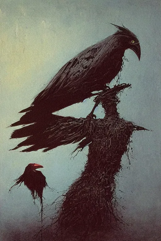 Image similar to crow with mohawk painted by beksinski