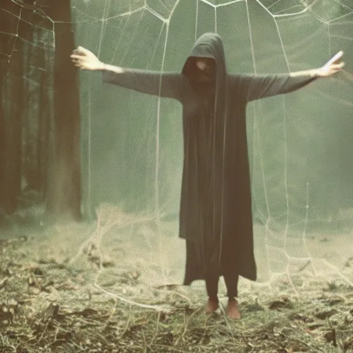 Prompt: a film still of witch women wearing layered linen cloaks floating in the air around a bonfire in a forest, smokey, low key, film grain, horror, spiderwebs,