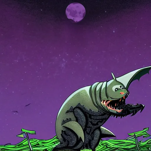 Image similar to a giant bat monster eating a baby harp seal, dark alien world with deep purple and green vines, swamp, genndy tartakovsky, primal, scary lighting, clear focus, very coherent