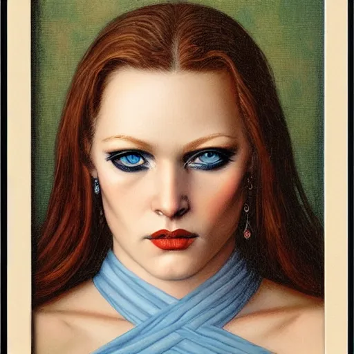 Image similar to front portrait of an ice Blue eyes woman, by Gerald Brom