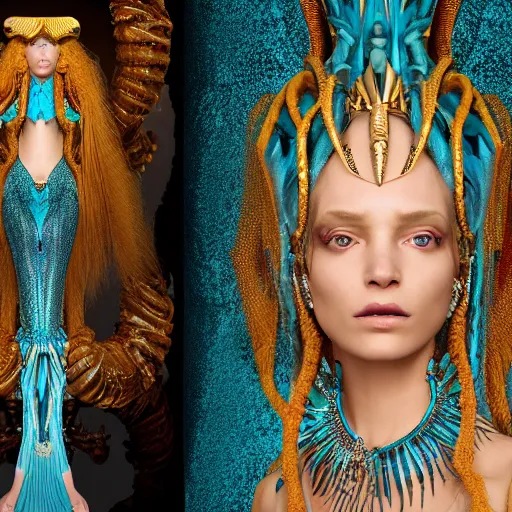 Image similar to unreal engine, octane render, 8 k, sandro botticelli portrait of egyptian sumerian goddess princess intergalactica, nautical siren, lady of elche, queen of heaven, techno mystic goddess, with aqua neon dreadlocks, teal eyebrows encrusted with diamonds, wearing iris van herpen haute couture, star - gate of futurisma,