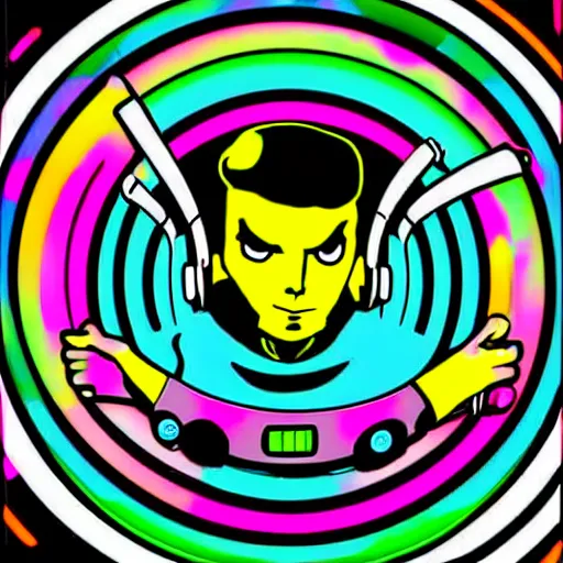 Image similar to svg sticker of a Pop-Wonder Captain-Spock-Star-Trek at a rave, spinning records, giant headphones rocking out, wearing headphones, huge speakers, dancing, rave, DJ, spinning records, digital art, amazing composition, rule-of-thirds, award-winning, trending on artstation, featured on deviantart