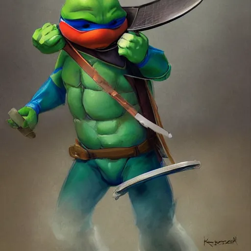 Prompt: teenage mutant ninja turtle holding frying pan full of doornails, wearing white chef hat, digital painting by krenz cushart, ilya kuvshinov, victo ngai, thomas kinkade. highly detailed, award winning, artstation