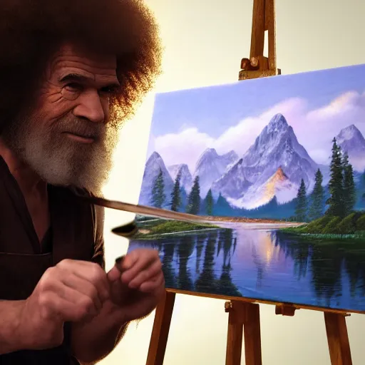Image similar to a closeup photorealistic photograph of bob ross working on a canvas painting of wonder woman. film still. brightly lit scene. mountains and trees. this 4 k hd image is trending on artstation, featured on behance, well - rendered, extra crisp, features intricate detail, epic composition and the style of unreal engine.