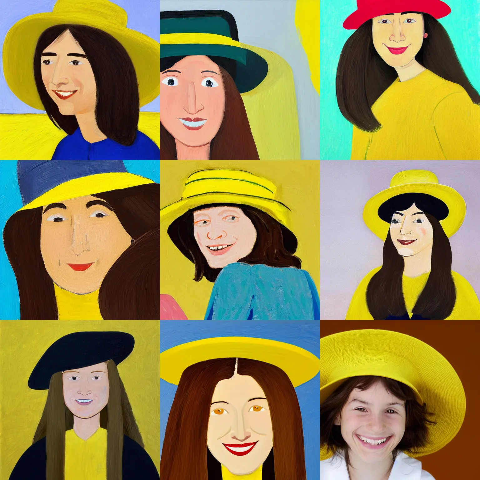 Prompt: long haired girl with hat, by alex katz, close-up, smiling, colorful, yellow background