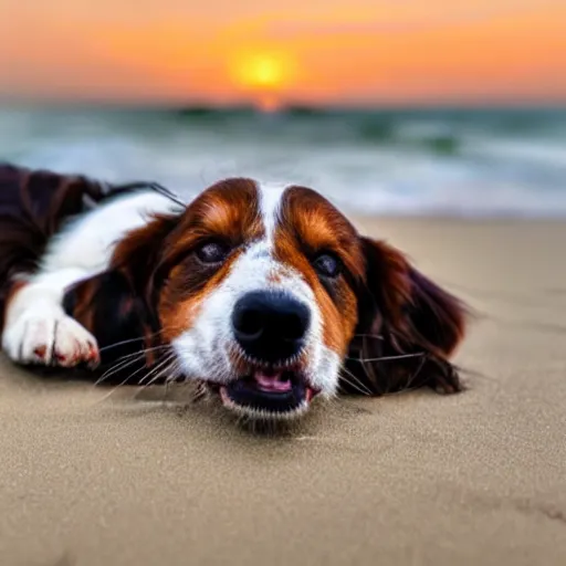 Prompt: kooikerhondje dog sleeping in the beach, stormy weather, very beautiful, detailed realistic HD 8k