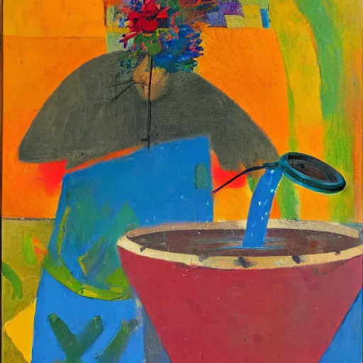 Image similar to man pouring water on head, flowers are in a pot on his head, the pot is part of his head, abstract expressionism, oil on canvas