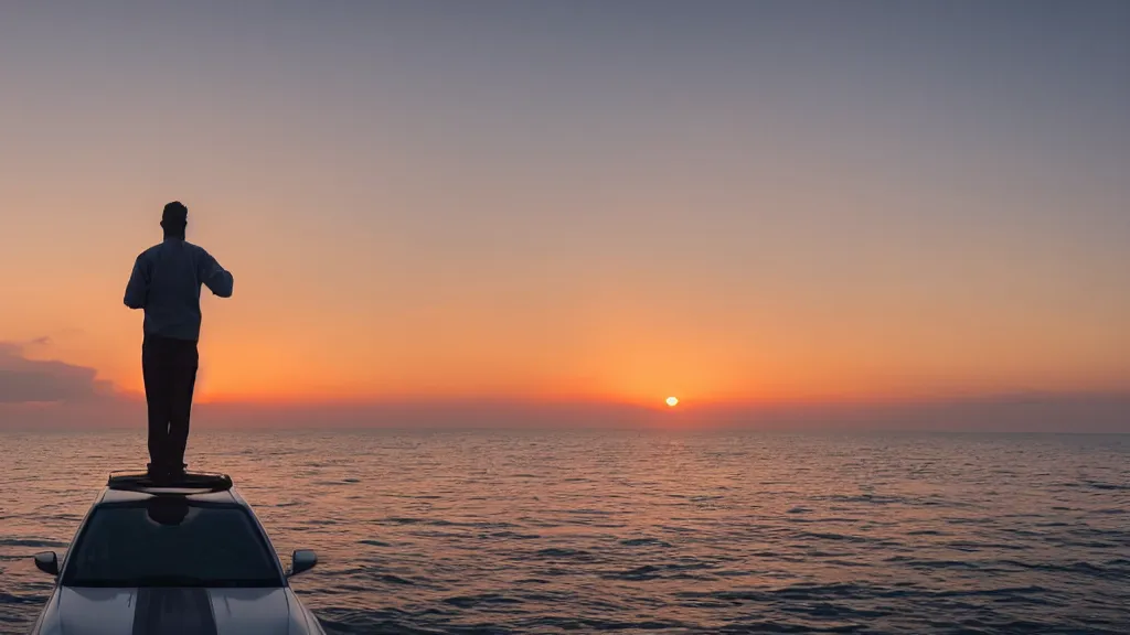 Image similar to a movie still of a man standing on the roof of a car driving through the ocean at sunset, golden hour