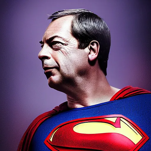 Image similar to Portrait of Nigel Farage as superman, heroic, amazing splashscreen artwork, splash art, head slightly tilted, natural light, elegant, intricate, fantasy, atmospheric lighting, cinematic, matte painting, detailed face, by Greg rutkowski