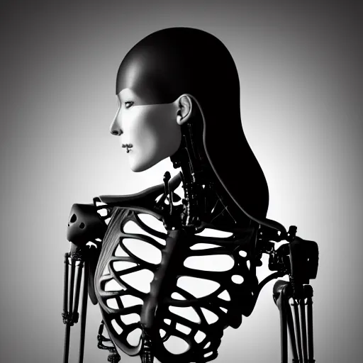 Image similar to black and white dreamy foggy smoky profile face portrait, single skeletal biomechanical beautiful young female cyborg robot bust, body ribs meshes,, volumetric light, rim light, by dora maar and cecile beaton, big gothic fashion pearl embroidered collar, 8 k