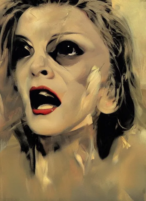 Prompt: laura palmer screaming,'white eyes '!!!, painting by phil hale, fransico goya,'action lines '!!!, graphic style, visible brushstrokes, motion blur, blurry, visible paint texture, crisp hd image