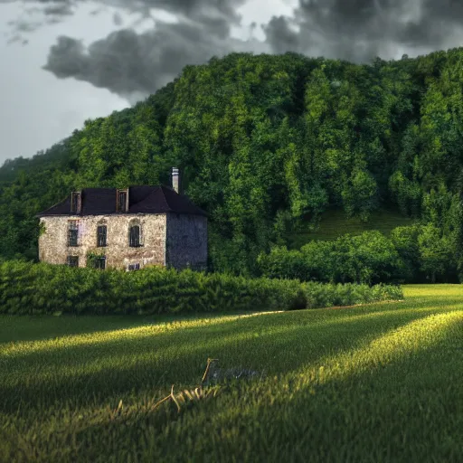 Prompt: dordogne typical landscape, hills in the background, summer, river, ultra detailed, ultra sharp, award winning. 8 k, flowers, trees, old house, thunderstorm and rain, very dark clouds. heavy rain, octane render.