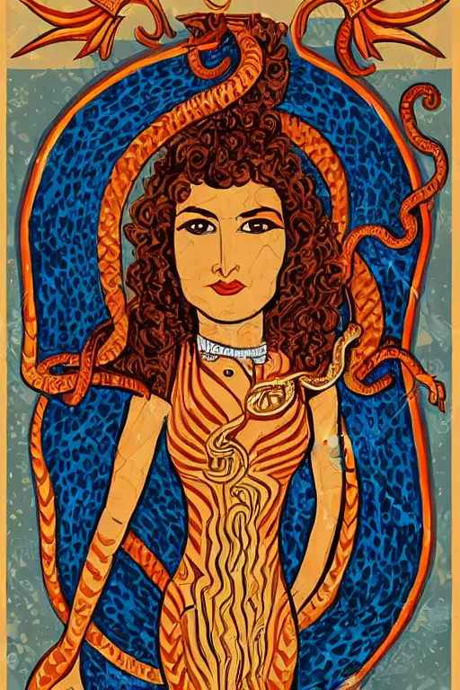 Image similar to Minoan snake goddess in the style of rosie the riviter yes we can poster, clean and detailed, and holding a snake