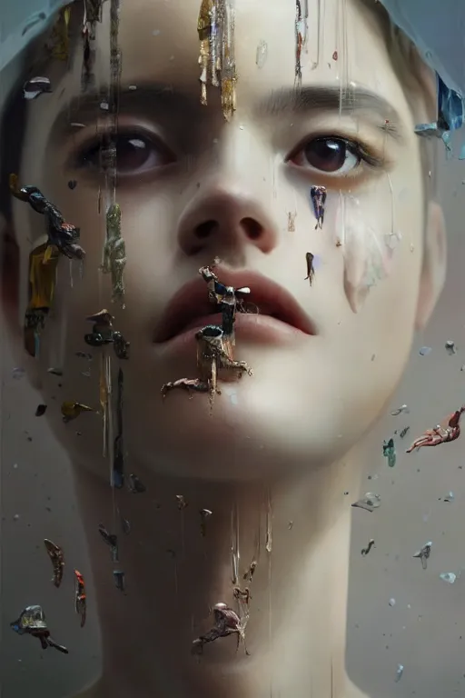 Image similar to 3 d, close - up, fashion model looking up, marble, tears, poster art, intricate oil painting, high detail, figurative art, multiple exposure, poster art, 3 d, by stanley kubrick and tooth wu and wlop and beeple