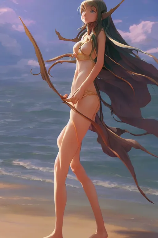 Image similar to an elven girl standing on the beach. By Makoto Shinkai, Stanley Artgerm Lau, WLOP, Rossdraws, James Jean, Andrei Riabovitchev, Marc Simonetti, krenz cushart, Sakimichan, trending on ArtStation, digital art.