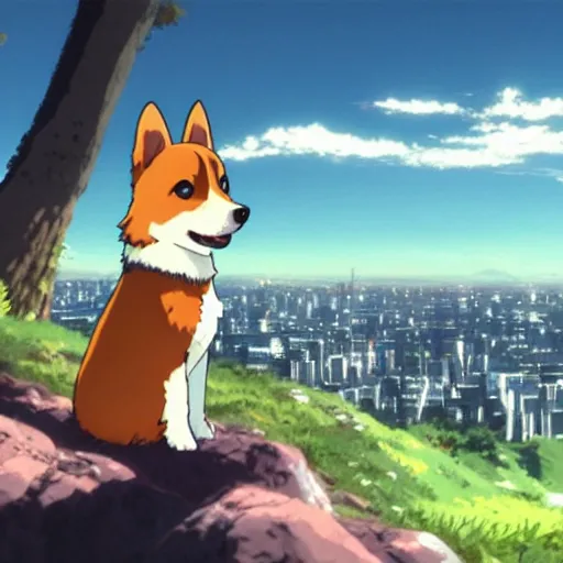 Prompt: corgi puppy on a hill overlooking a city, extremely beautiful still from an anime by makoto shinkai