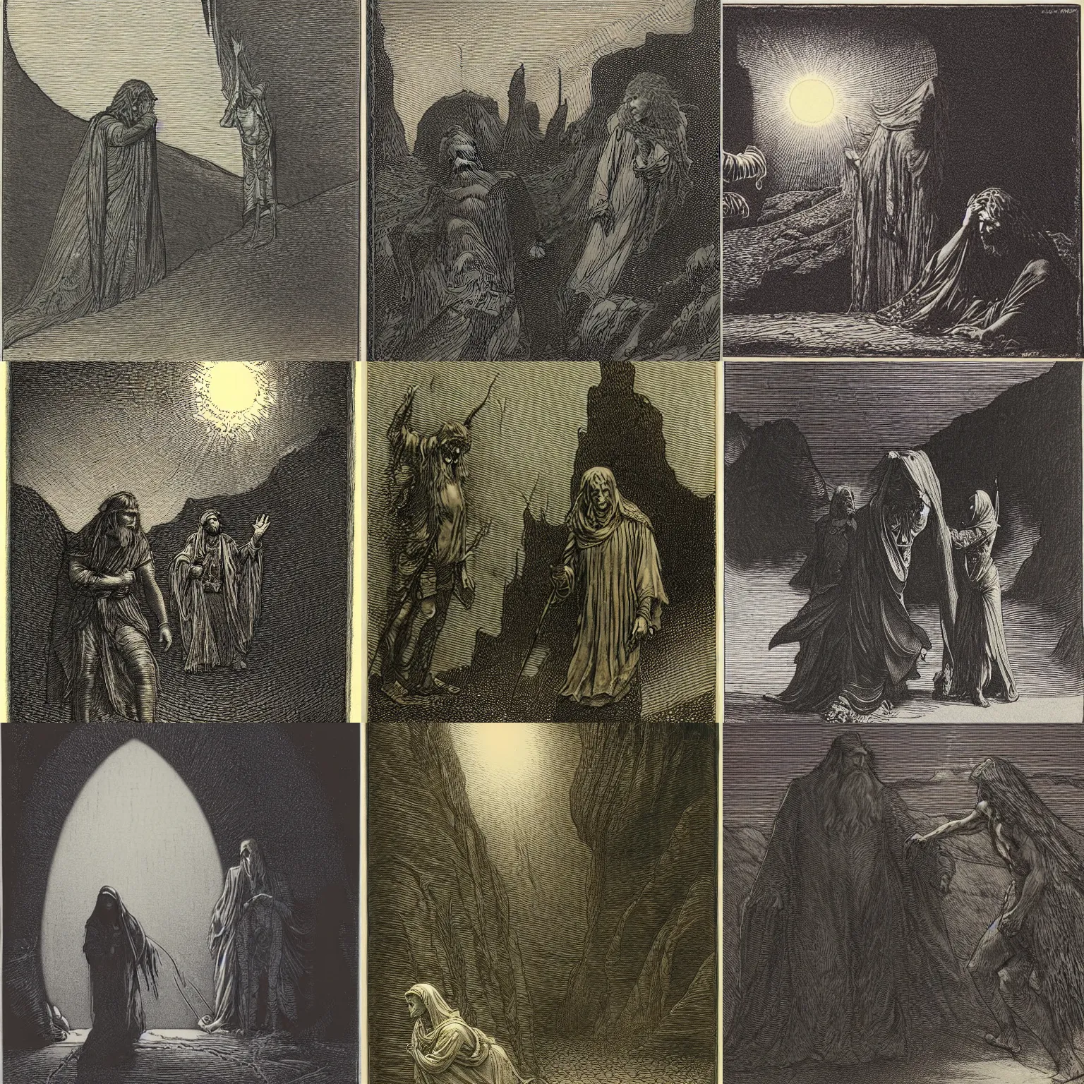 Prompt: etching by Franklin Booth and Gustav Doré showing frightened sorcerer in the desert by night