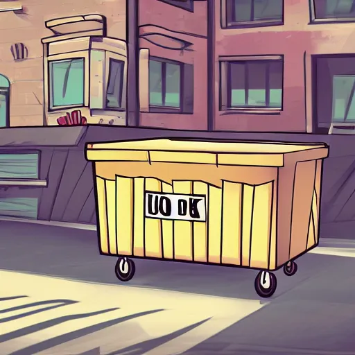 Image similar to Anime style illustration of a dumpster with a face