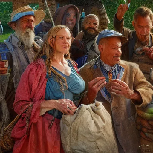 Image similar to an portrait of happy citizens living in an poor village, highly detailed, centered, digital painting, artstation, concept art, donato giancola, Joseph Christian Leyendecker, WLOP, Boris Vallejo, Breathtaking