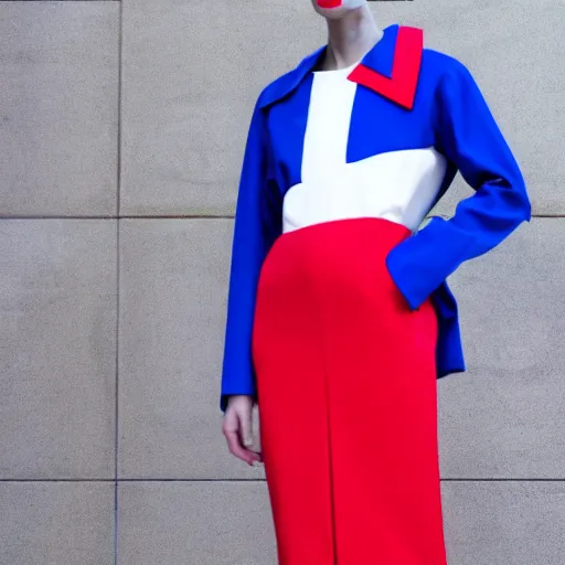 Prompt: dystopian business fashion incorporating red white and blue, brutalist fashion show