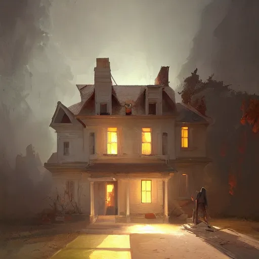Image similar to two artists painting on a canvas, one paints a beautiful house, the other paints abstract art, by greg rutkowski, matte painting, light study, artstation