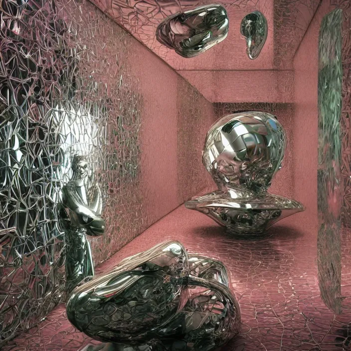 Image similar to hyperrealistic geometric objects in a surreal minimalistic 8 0's dreamscape environment by salvador dali, enormous chrome man, highly detailed, 3 d render, octane, beautiful lighting, photorealistic, intricate, elegant, wayne barlowe, water, mirrors, pink doorway, beautiful, masterpiece, trending on artstation, artgerm, checkered floor, palm tree