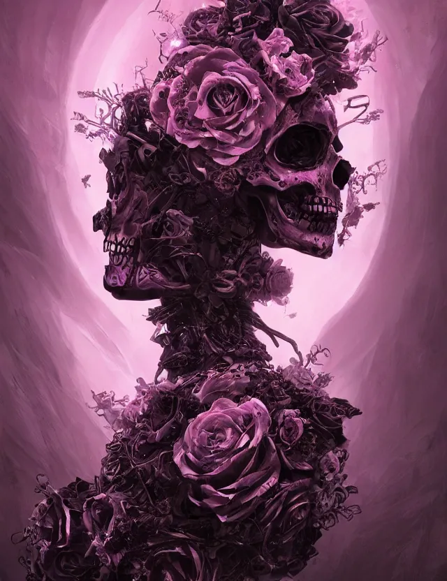 Image similar to a chaotic goddess of death skeleton as a heroine, intricate, elegant skull black rose s day of the dead atmospheric, dramatic, Trending on artstation. augmentations and cybernetic enhancements neon circuits, greg rutkowski , hyperrealist, cinema4D, 8k highly detailed