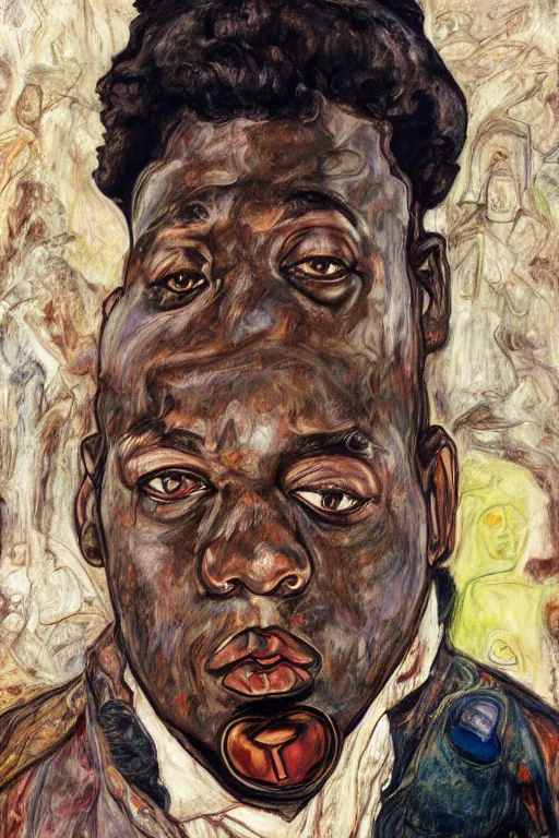 Image similar to a portrait of biggie smalls in style of egon schiele and herakut, masterpiece, hyperdetailed, complex, intricate, veiled, 4 k, 8 k, dynamic!!, trending on artstation