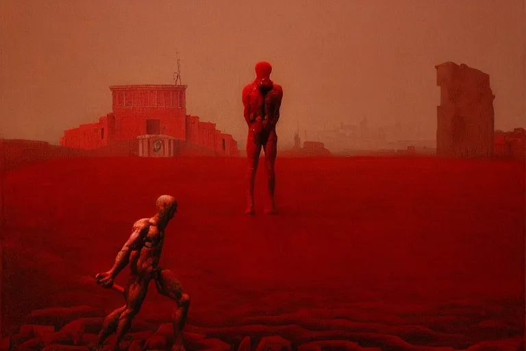 Image similar to only with red, caesar after war, a red tiger, in hoc signo vinces, rome in background, an ancient path, in the style of beksinski, part by hopper, part by rodcenko, part by hofbauer, intricate composition, red by caravaggio, insanely quality, highly detailed, masterpiece, red light, artstation