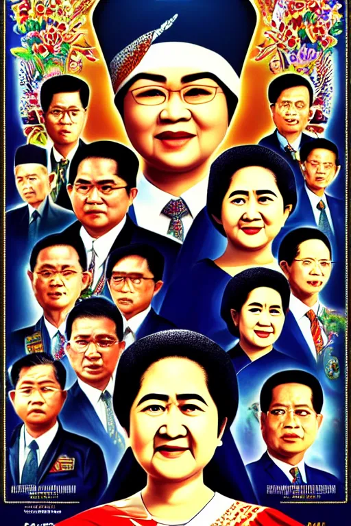 Image similar to poster of saint megawati soekarno putri, uhd, arstation, 1 0 8 0 p, ultra realistic detail, jacqueline e, tafy, bo feng, love hate love