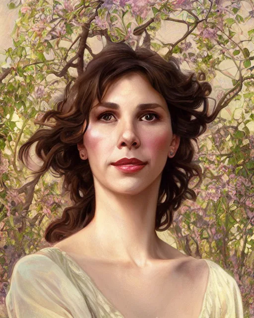 Prompt: a portrait painting of sabrina lloyd / perdita weeks / nicole de boer hybrid oil painting, gentle expression, smiling, elegant clothing, scenic background, behance hd by artgerm, alphonse mucha, greg rutkowski, tim hildebrandt, boris vallejo