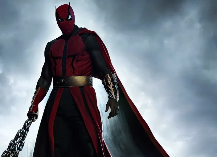 Image similar to film still of michael b jordan as spawn in the new spawn movie, giant chains, large cape, 8 k