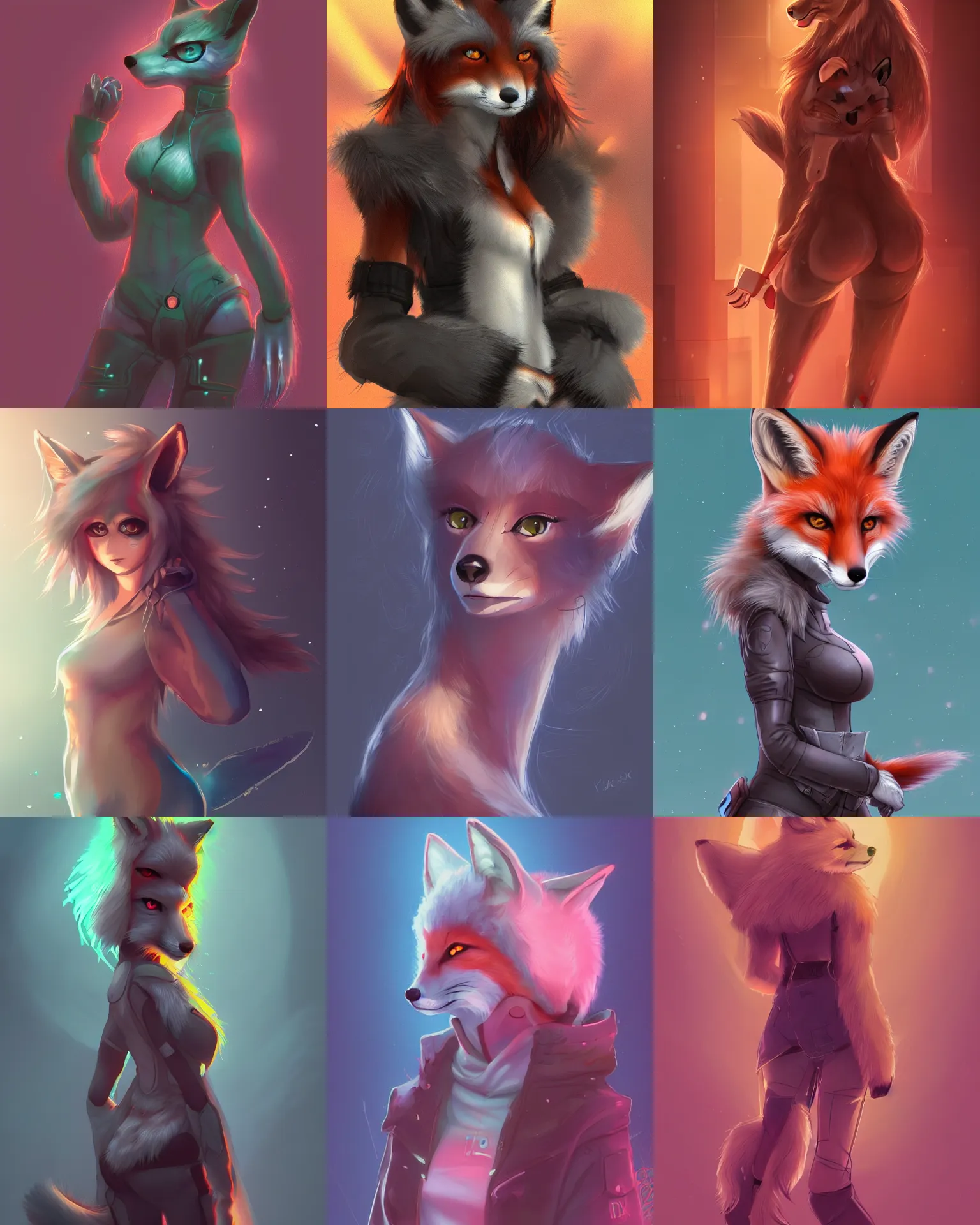 Prompt: a female fox fursona, trending on artstation, by kawacy, furry art, digital art, cyberpunk, high quality, backlighting