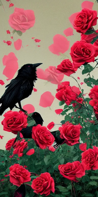 Prompt: crows made out of roses, rose crows, flower crows, crows made of flowers, muted tones, album artwork, expressionist, serene,