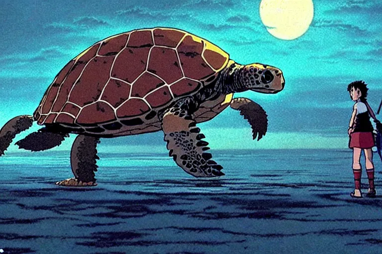 Prompt: a still from princess mononoke ( 1 9 9 7 ) film of a giant mechanized sea turtle, at night in the suburbs. full body, wide shot, very muted colors, post grunge, studio ghibli, laurie greasley, highly detailed, deviantart, art by artgem