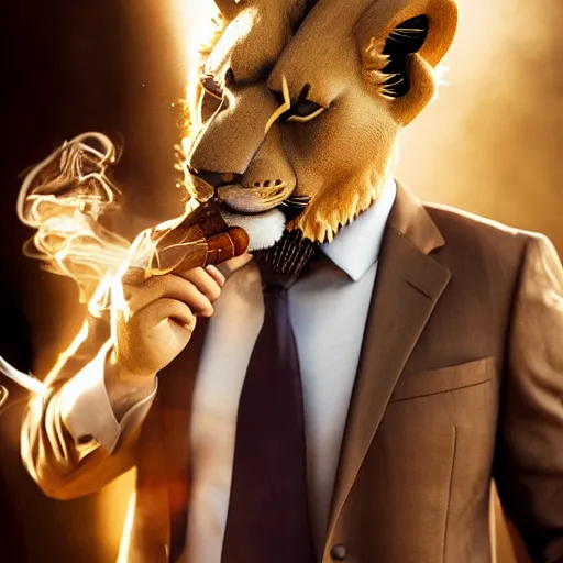 Image similar to a lion smoking a cigar wearing a suit, subject= lion, subject detail: wearing a suit, subject action: smoking a cigar, dramatic lighting, cinematic lighting, establishing shot, photorealistic, high details, cinematic, 8k resolution, extremly detailed, photorealistic, artstation, unreal engine