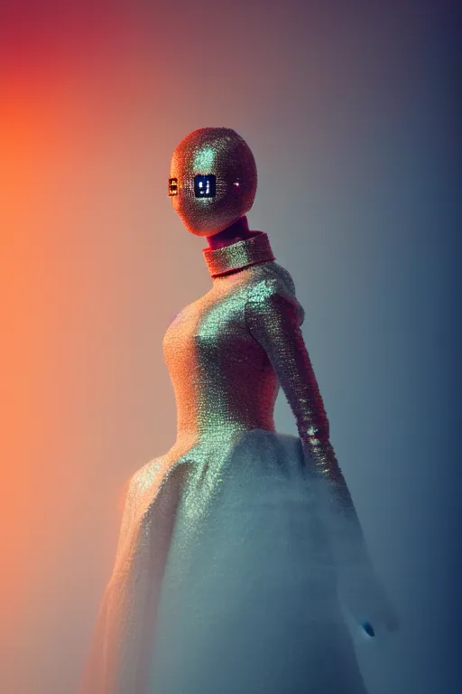 Prompt: a robotic model wearing haute couture from vintage chanel, macro photography, long exposure photograph, surrealism, anamorphic bokeh, cozy, soft light, orange and teal, caustic, atmospheric fog, octane render, cinematic