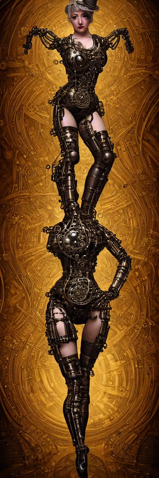 Image similar to seamless pattern of steampunk cybernetic biomechanical burlesque dancer, 3 d model, very coherent symmetrical artwork, unreal engine realistic render, 8 k, micro detail, gold and steel intricate, elegant, highly detailed, digital painting, artstation, smooth, sharp focus, illustration, artgerm, tomasz alen kopera, wlop