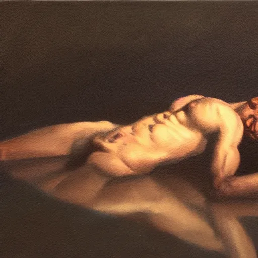 Image similar to man floating in the dark, oil painting, pale colors, high detail, 8 k, wide angle, trending on artstation,