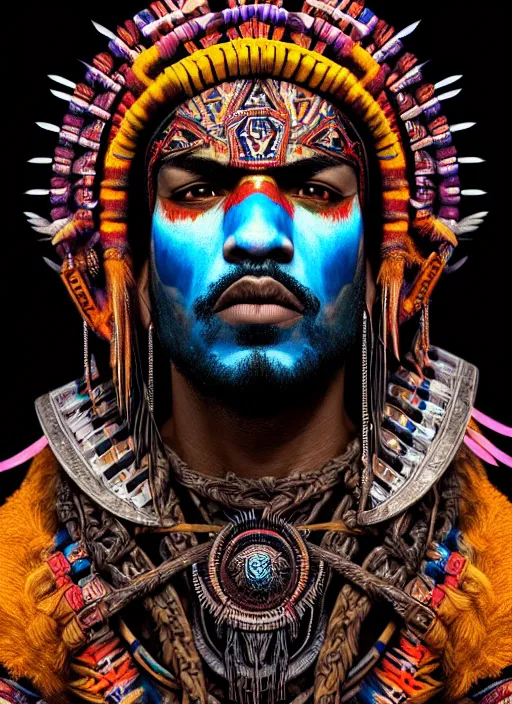 Image similar to portrait of laz alonso, hyper detailed ultra sharp aztec shaman warrior. trending on artstation, warpaint aesthetic, bloodwave, colorful, psychedelic, ornate, intricate, digital painting, concept art, smooth, sharp focus, illustration, art by artgerm and greg rutkowski and h. r. giger, 8 k