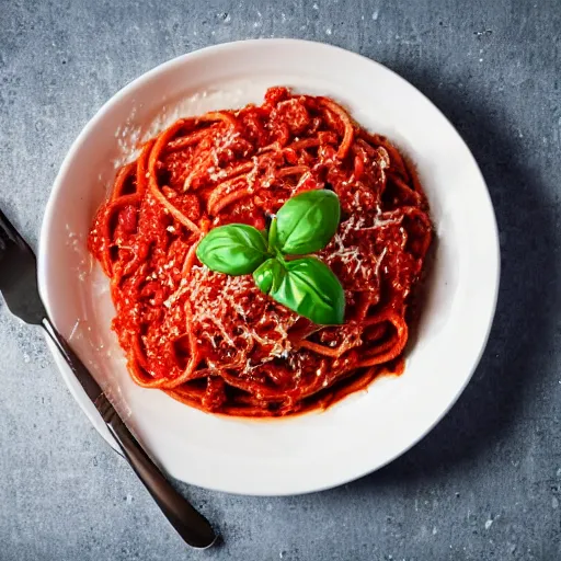 Image similar to hyperrealistic top view photo of spaghetti with bolognese sauce